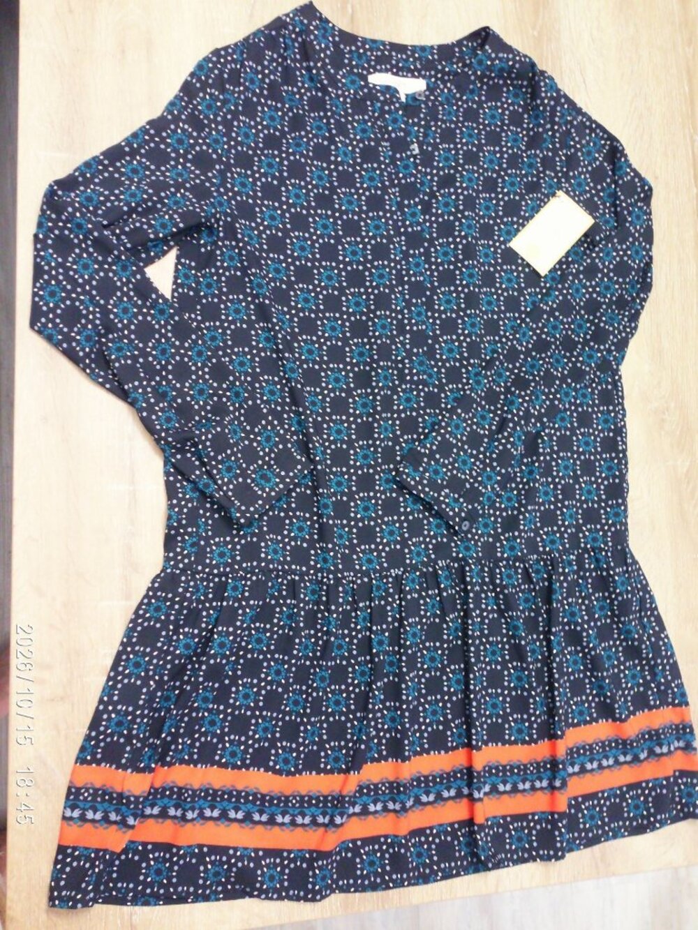 Ann Taylor Loft Womens Small Floral Long-Sleeve Dress Navy & Orange Lightweight